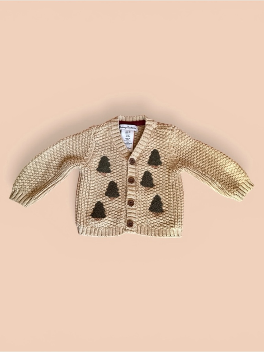 Tommy Bahama Kids Cream Knit Cardigan with Green Pine Tree Patches Unisex 0-3M - Picture 6 of 9